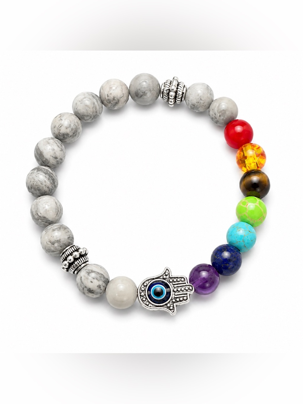 🪬Beaded Hamsa Chakra Bracelet - Multicolor Gray🪬🧿 #63